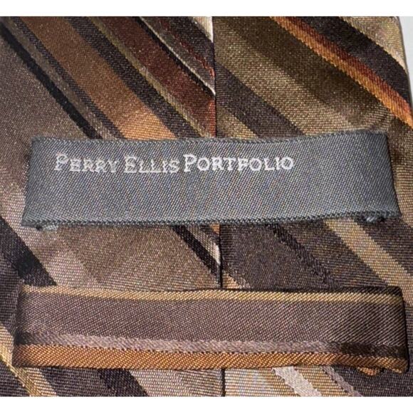 Perry Ellis Portfolio 100% Silk Brown Gold Regimental Stripe Classic Necktie - Picture 5 of 7